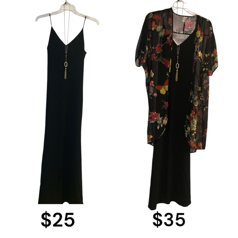 Elegant Black Maxi Dress with Floral Kimono